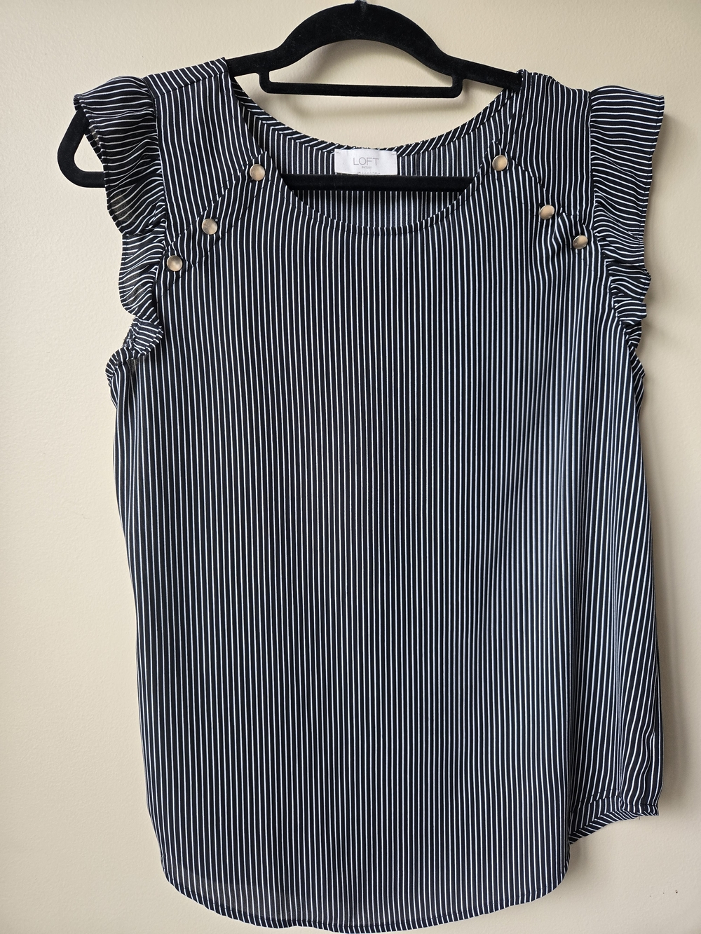 LOFT Navy & White Pinstripe Ruffle Sleeve Shell with Gold Buttons